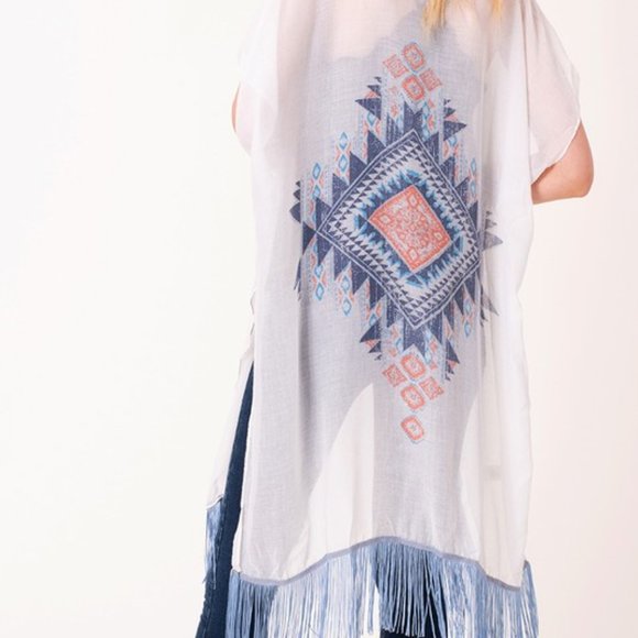 💙 Tribal Graphic Print Fringe Hem Kimono - Picture 2 of 6